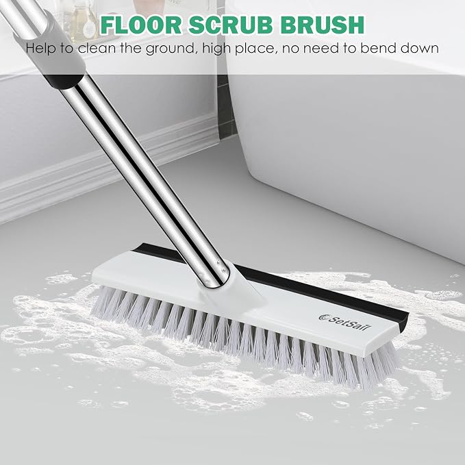 SetSail Floor Scrub Brush, 51-Inch Adjustable Long Handle Brush,Black White | 2 in 1 Scrape Brush Stiff Bristle Floor Scrubber for Cleaning Shower Bathroom Garage Kitchen Wall Deck Tub Tile