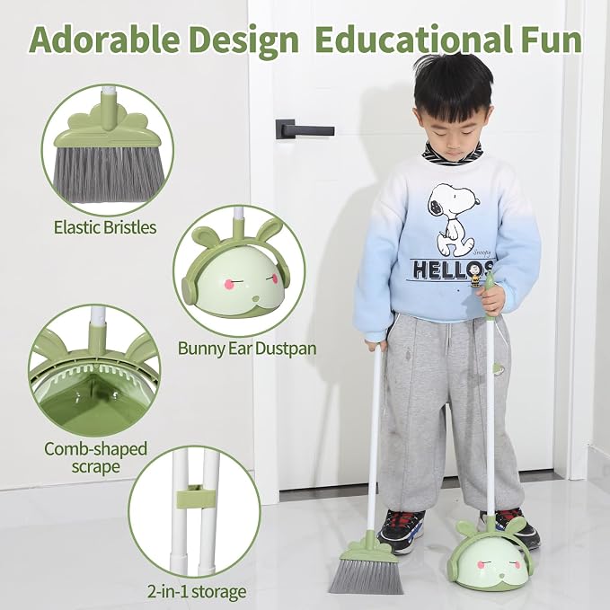 Midoneat Kids Cleaning Toy Set, Mini Child Broom, Mop and Dustpan, Little Housekeeping Helper Set ,Pretend Home Cleaning Play Set for Toddler Height 75-115cm,6pcs (Green)