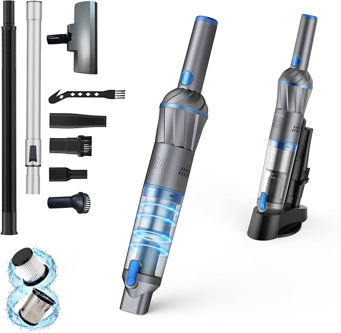 Handheld Vacuum Cleaner Car Vacuum with Multiple Accessories VA004 | Powerful Suction, Multi-Nozzles, Lightweight, HEPA, One-Touch Dust Cup, hand vacuum cordless for Car Home Office Pet