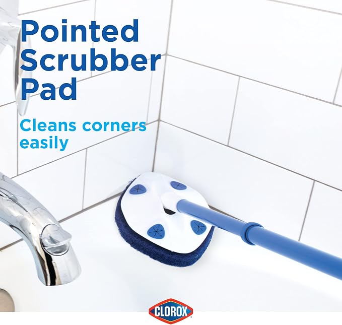 Clorox Extendable Tub & Tile Scrubber with Polyurethane Head – Heavy Duty Bathroom Cleaning Brush with Bonus Refill, Pivoting Head, Replaceable Pad, Works with Clorox Wipes