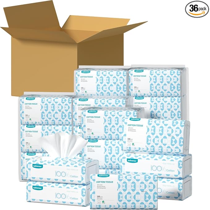 Winner Soft Face Towels, 100% USDA Biobased Facial Towels, 6 Packs per Case, 36 Bags Total, 3600 Count