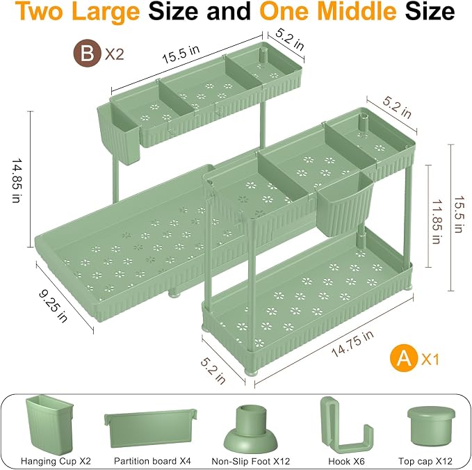 Sevenblue 3 Pack Multi-Purpose Pull-Out Storage Organizers, 2-Tier L-Shaped Under Sink/Cabinet Organizers and Storage for Bathroom & Kitchen,Green,14.85 Inch
