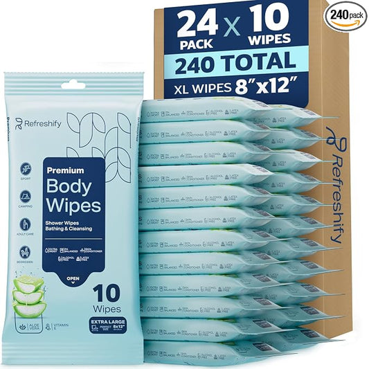 240 XL Shower Wipes – Body Wipes for Adults Bathing No Rinse – 24 Packs of 10 – Extra Moist Bath with Aloe & Vitamin E for Camping, Travel, Gym & Bedridden Care