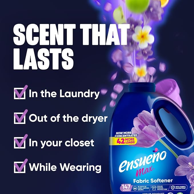 Ensueño Max Liquid Fabric Softener - Violet Bouquet Scent - 125 fl oz - Color-Safe Fabric Softener Liquid - Softens 123 Loads - Reduces Wrinkles & Static