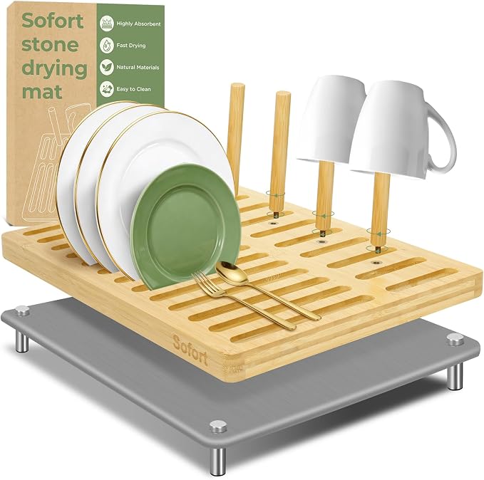 Sofort Stone Drying Mat for Kitchen Counter, Quick Dry Ultra Absorbent Dish Drying Mat with Bamboo Rack, Diatomaceous Earth Drying Pad for Dishes, Plates, Mugs 16″x12″