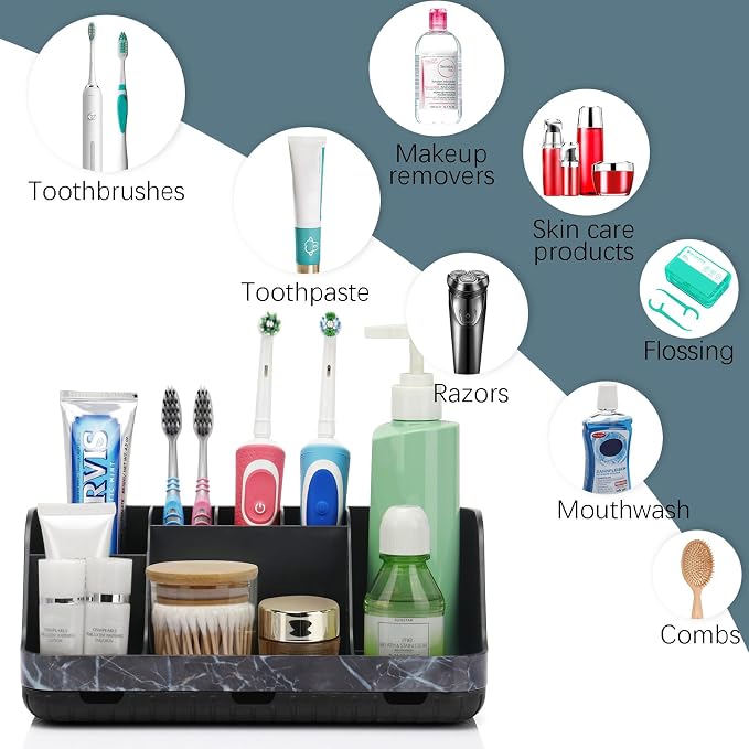 GFWARE Marble Black Toothbrush Holders for Bathrooms - Detachable 7 Slots Bathroom Organizer Countertop Matte Black Electric Toothbrush and Toothpaste Holder for Bathroom Counter Vanity Sink Storage