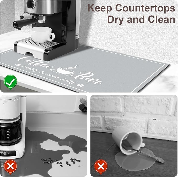 CooRug Absorbent Coffee Mat, Fashion Dish Drying Mat for Kitchen Counter Coffee Bar Accessories Espresso Machine Dish Rack 12" x 20" Light Grey