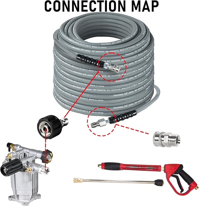 Hourleey Pressure Washer Hose 100FT, Kink Resistant High Tensile Wire Power Washer Hose, Rubber Wire Braided with 3/8" Quick Connect for Hot/Cold Water, 4000 PSI, Gray