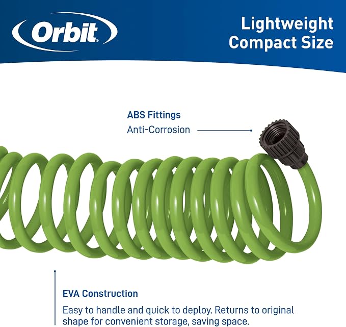 Orbit 27389 Coil Garden Hose, 50 Feet, with 8-Pattern Hose Nozzle (Green)