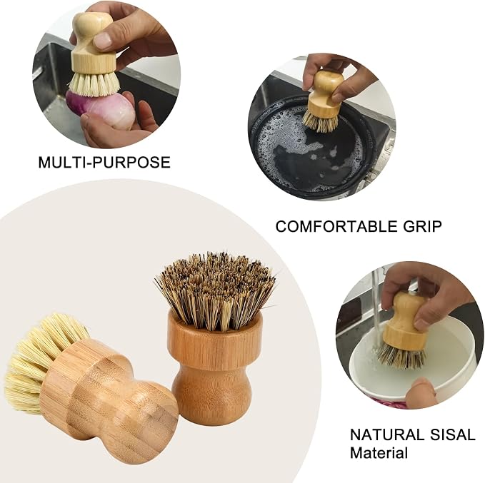 4 Piece Bamboo Dish Brush Set - Bamboo Dish Bottle Brush with Sisal, Dish Scrubber for Kitchen Cleaning Dishes, Pots, Pans