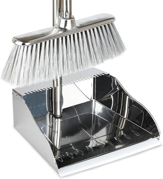 Soft Bristle Broom & Stainless Dustpan Set, Silver, Tile/Wood/Composite