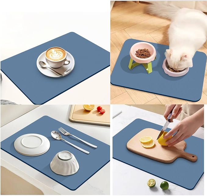 Dish Drying Mat for Kitchen Counter,Drying Mat for Dish Rack,Absorbent Hide Stain Rubber Mat,Coffee Mat, Kitchen Counter Mat (Blue, 18"x24")