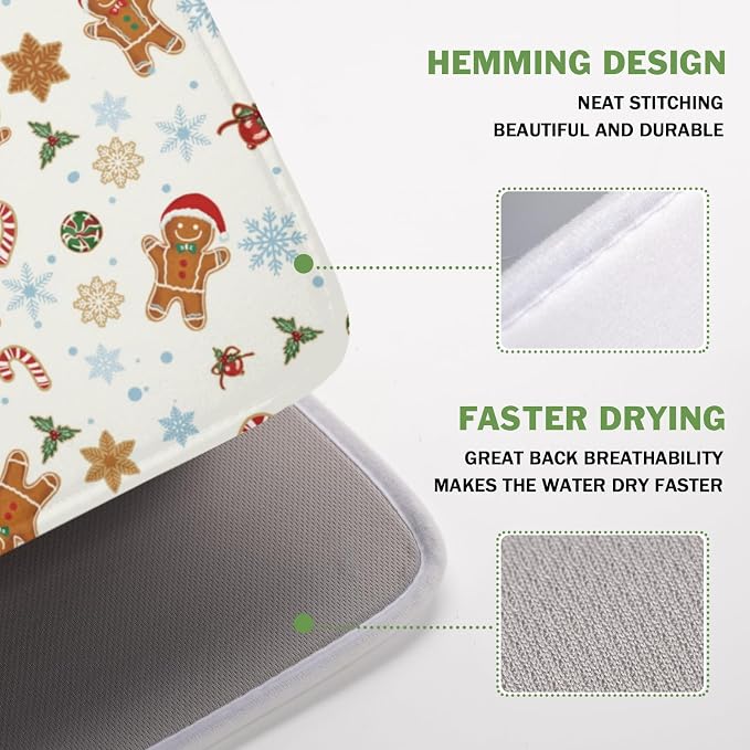 Christmas Gingerbread Man Dish Drying Mat 16x18 Inch Xmas Snowflake | Winter，Polyester，Absorbent Microfiber，for Kitchen Coffee Dining Bar Decor