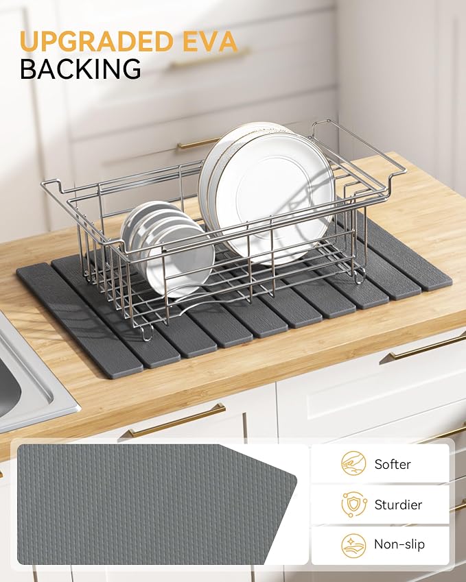 Yofidra Large Stone Dish Drying Mat for Kitchen Counter, Quick Dry Stone Mats with Absorbent Diatomaceous Earth, Foldable Roll Up Drying Organizer Pad for Utensils Plate, 24"×16", Dark Gray