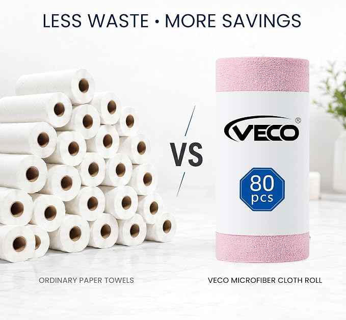 Veco Microfiber Cleaning Cloth Roll 80 PCS, 12" x 12" | Lint-Free, Streak-Free, Tear Away Reusable Microfiber Towels, Cleaning Rags for Kitchen, Car & Home, Pink