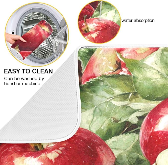 Leaves Red Apples Dish Drying Mat 16 X 18 Inch Natural Fresh Fruits Dry Dishes Pads Tableware Mats Absorbent Microfiber Protector for Kitchen Countertops Counter Home Decorations