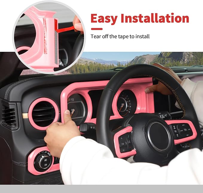 21PCS Full Set Interior Trim Kit for 2024-2026+ Jeep Wrangler JL JLU & Jeep Gladiator JT, Dashboard Side Outlet Door Handle Bowl Headlight Switch Roof Reading Light Cover (Pink)