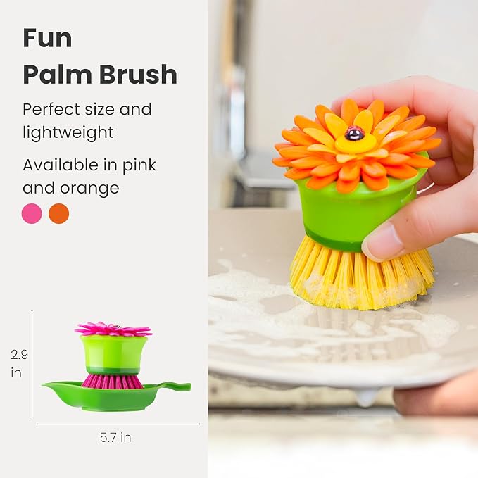 Vigar Flower Power Palm Dish Scrub Brush with Holder, Kitchen Scrub Brush for Dishes, Dish Scrubber, Sink Brush, Dishwashing Brush and Vegetable Scrubber for Household Cleaning - Orange, Green