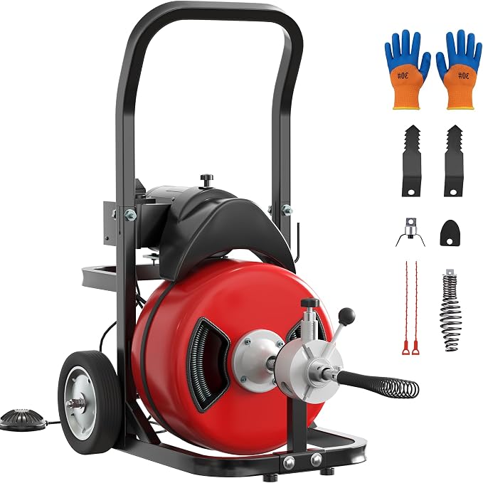 Garvee Drain Cleaner Machine Electric 370W 100FT 1/2 Inch Steel Core Cable | Durable steel cable , 370W motor, auto-feed, foot switch, portable with wheels — for pipes, drains, sinks, toilets