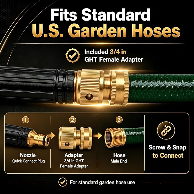 High Pressure Hose Nozzle for Garden Hose, 3/4 in GHT Twist Sprayer | Gaoyashuiqiang Nozzle, direct-fit 3/4" GHT connector, 3 spray modes, leak-resistant brass build for car, patio, yard cleaning