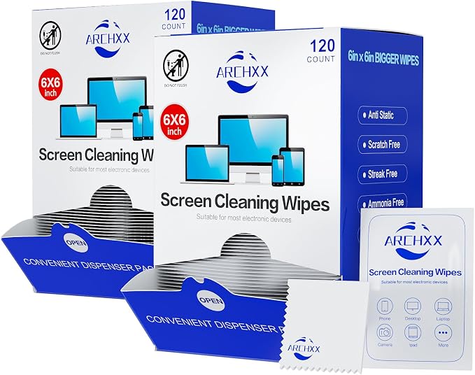 ARCHXX Screen Wipes for Electronics, 240 Count 6"x6" Pre-Moistened Screen Cleaner for Screens, Computer,Laptop,Tablet,Phone,Monitor,Car Screen Cleaner, Lens Wipes Individually Wrapped