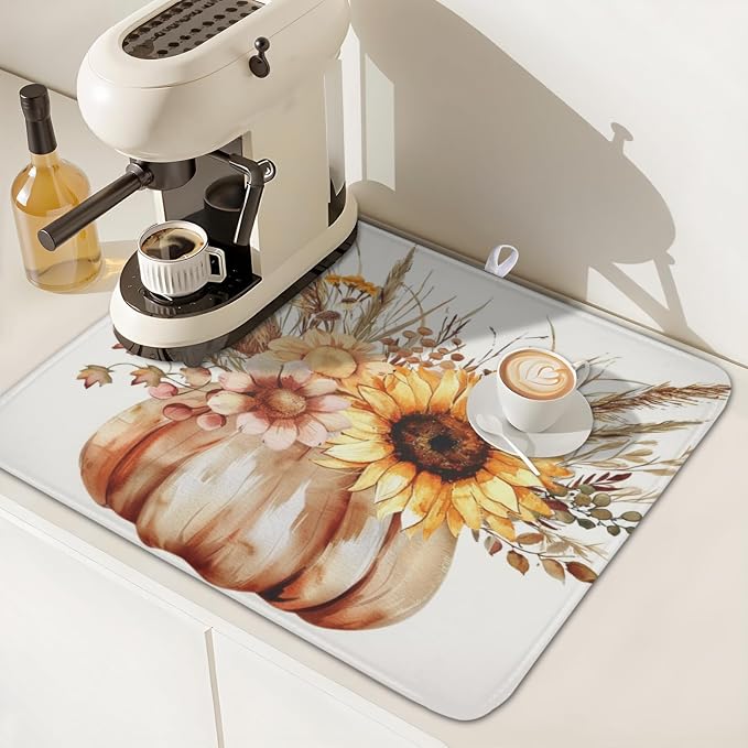 Fall Sunflower Dish Drying Mat for Kitchen Counter 16 x 18 Inch Autumn Orange Pumpkin Dish Drainer Mat Absorbent Microfiber Thanksgiving Harvest Dish Rack Pad for Coffee Dining Bar Decor
