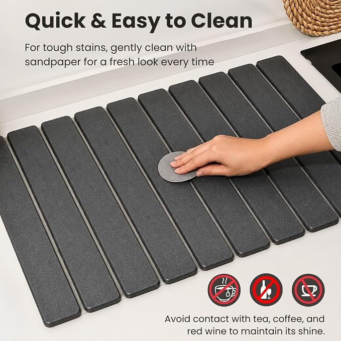 Stone Dish Drying Mat for Kitchen Counter, Large Quick Dry Diatomaceous Earth Stone Drying Mat, Foldable Water Absorbent Dish Drying Mat for Dishes, Cups, Bottles, Kitchen Sink & Countertop (Grey)