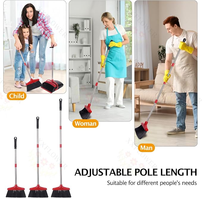 Broom and Dustpan Set,54.72"Long Handle,Standing Dustpan,Black&Red | Light Weight Stainless Steel Poles,Upright Dustpan with Broom Combo,for Home Kitchen Office Pet Dog Hair