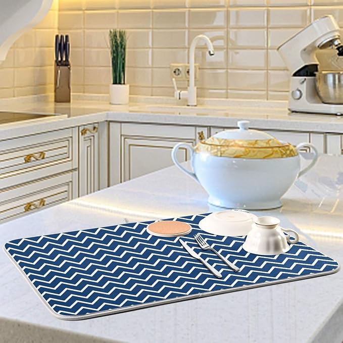 Nautical Navy Stripes Dish Drying Mat for Kitchen, Absorbent Microfiber Drying Pad Dish Mat, 16" X 18"