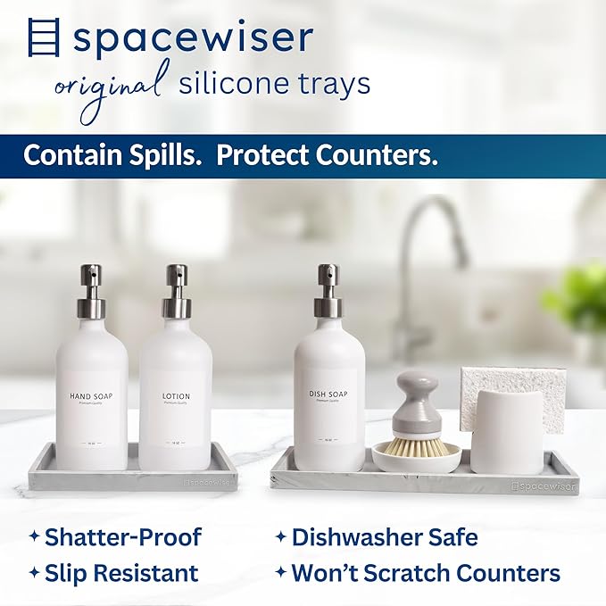 Spacewiser Countertop and Vanity Tray - 2 PC (11” and 7”) Shatterproof Silicone Kitchen and Bathroom Trays for Counter, Kitchen Soap Dispenser Tray, Vanity Trays for Bathroom, Perfume Key Tray