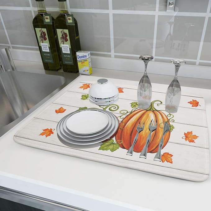 Fall Dish Drying Mat for Kitchen Counter Cute Pumpkin Festival Microfiber Absorbent Dish Draining Reusable Washable Foldable Extra Large 18"x24"