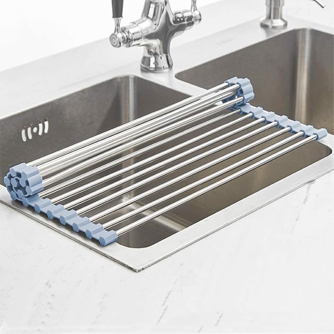 MECHEER Over The Sink Dish Drying Rack, Roll Up Dish Drying Rack Kitchen Dishes Rack Stainless Steel Sink Drying Racks, Foldable Dishes Drainer, Gray (17.5''x15.7'')