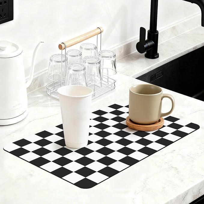 Checkered Dish Mat for Kitchen Coffee Station, 16" x 24" Black | Quick Drying & Absorbent Mat for Coffee Bar Espresso Machine Countertops Accessories