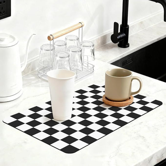 12" x 20" Checkered Dish Drying Mat for Kitchen Counter, Absorbent Coffee Bar Mat for Espresso Machine Coffee Countertops Accessories, Black