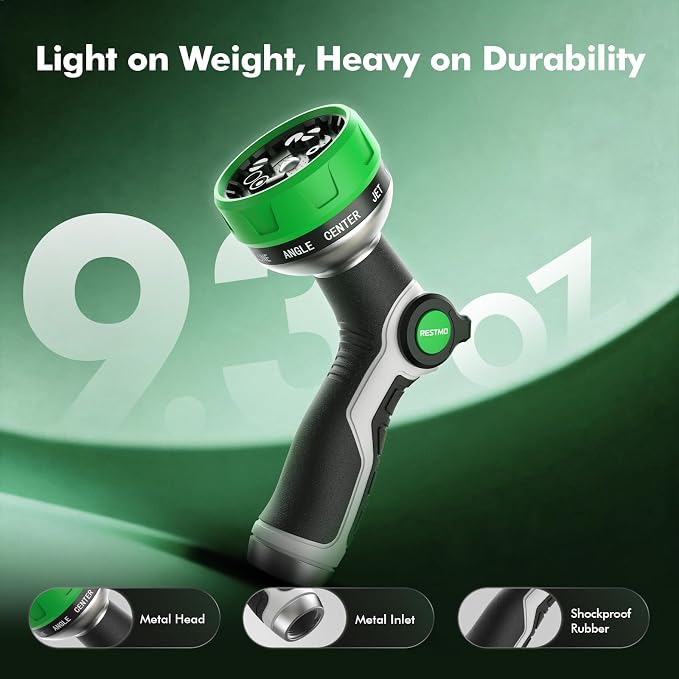 RESTMO 10-in-1 Water Hose Nozzle, Garden Hose Sprayer for Outdoor | 10 Spray Patterns, Lightweight, Thumb Control for Flow Adjustment, Ideal for Watering Plants & Lawns, Cars & Pets, Green