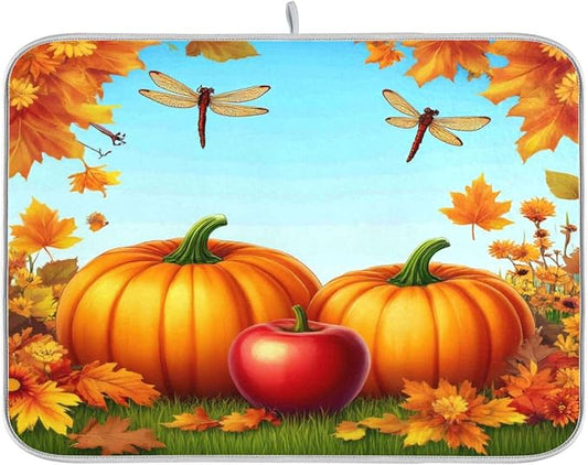 Autumn Thanksgiving Day Pumpkins Maple Dish Drying Mat for Kitchen Counter 18 x 24 Inch Flowers Dragonfly Leaves Dry Dishes Pads Mats Absorbent Countertops Counter Tableware Mat Protector Home Decor