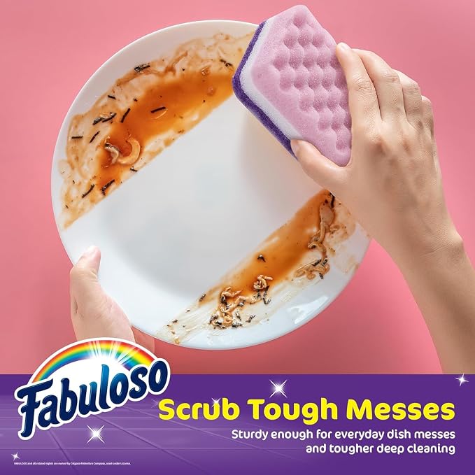 Fabuloso Scratch-Free Kitchen Dish Sponges Purple Cellulose Scrubber Sponge Scouring Pad Dishes Pots Pans Counters and Sinks Tough on Messes 4.25 x 2.75 x 1.25 in 6 Count 2 Pack Kitchen Cleaning