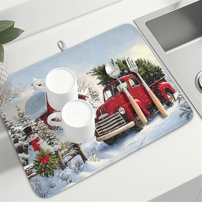 Giwawa Red Truck Dish Drying Mat Winter Xmas Tree Drainer Rack Pad 18"x24" Microfiber Absorbent Quick Dry Dish Sink Mat for Table Kitchen Counter