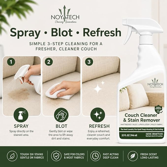 NOYATECH Travel size Couch Cleaner and Stain Remover. For sofas, car upholstery, carpets, rugs, mattresses, dining chairs, all Fabrics. Safe, for kids and pets.