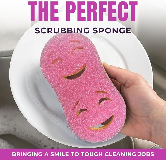 Smilyeez Double-Size Scrub Moji Duo Sponge 2-Pack – Dual Smiling Faces, Temperature-Responsive Scrubber – Scratch-Free, Odor & Stain Resistant