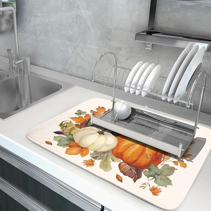 Giwawa Fall Pumpkin Dish Drying Mat Autumn Leaves Absorbent Dishes Pad 18x24 Inch Seasonal Microfiber Dish Drainer Rack Mat for Kitchen Countertop