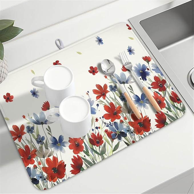 4th of July Floral Dish Drying Mat for Kitchen Counter 18 x 24 Inch Patriotic Dish Drainer Mat Absorbent Microfiber Independece Day Dish Rack Pad for Coffee Dining Bar Decor