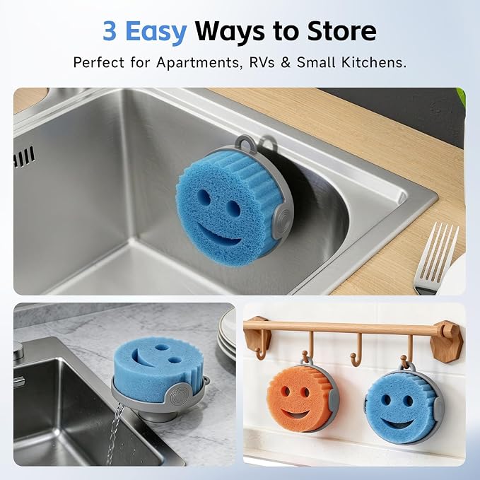 DUDUDU Magnetic Sponge Holder for Scrub Daddy Style Sponges, Silicone Smiling Design for Scrub Daddy Holder, Rustproof Self-Draining Kitchen Sink Caddy, Includes Adhesive Plate for All Sink Types