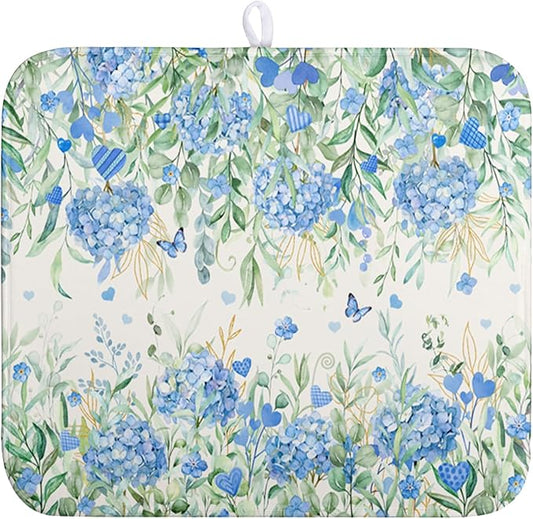 Blue Hydrangea Floral Dish Drying Mat for Kitchen Counter Spring Butterfly Flower Drainer Mat Absorbent Reversible Microfiber Heat Resistant Dry Pad Reusable Washable Dishes Pad 16x18 Inch