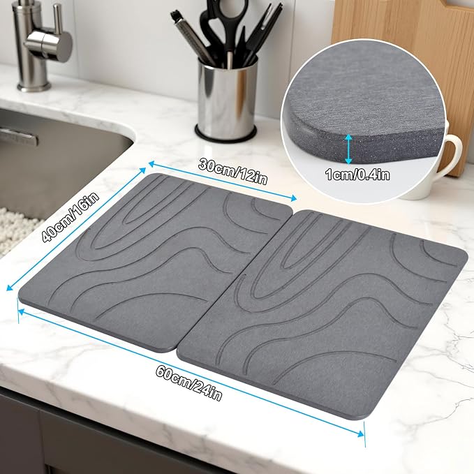 Stone Drying Mat for Kitchen Counter, 2-Pack 16"x12" Fast Drying Stone Dish Mat, Double-Sided Diatomaceous Earth Dish Drying Mat, Highly Absorbent Eco-Friendly Kitchen Mat (Gray, Curved Stripes)