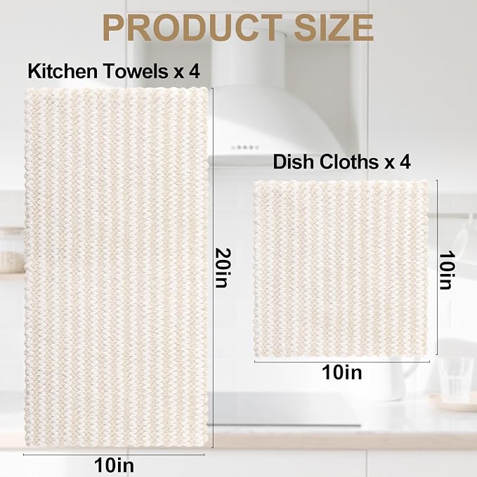 Homaxy 8 Pack Kitchen Towels and Dishcloths Set, 10 x 10 and 10 x 20 Inches, Ultra Soft and Absorbent Coral Velvet Dish Towels, no-lint Reusable Fast Drying Microfiber Cleaning Cloth, Beige