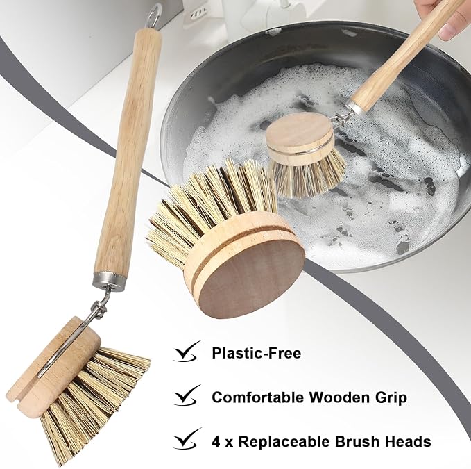 Wooden Dish Brush Set, 4 Natural Bristle Replacement Heads with 1 Sturdy Wooden Handle, Palm Kitchen Scrub Brush for Pots, Pans, Vegetables and Cookware