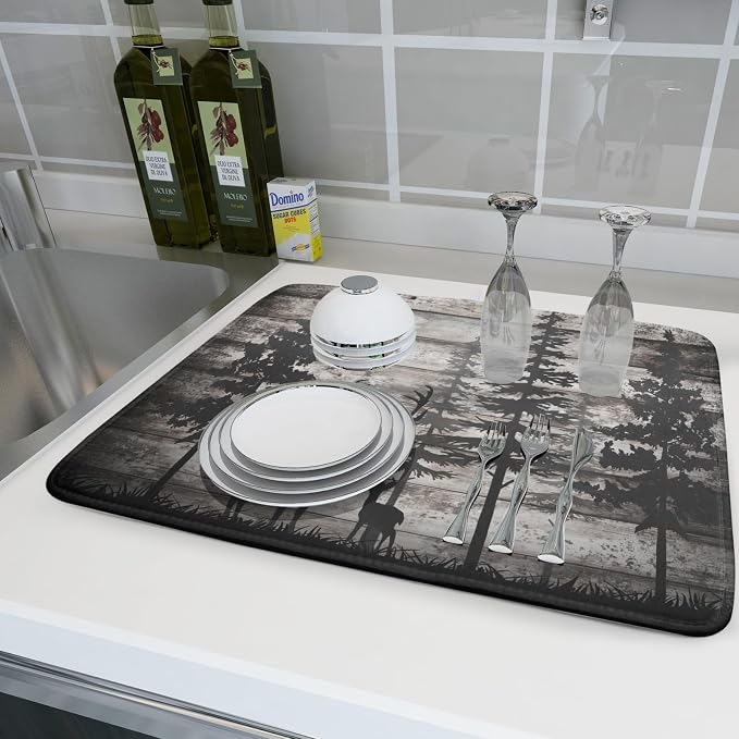 Forest Deer Dish Drying Mat Wildlife Animal Decorative Microfiber Dishes Pad 18x24 Inch Absorbent Reversible Kitchen Counter Drainer Mats
