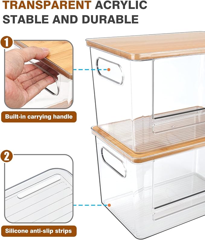 Trash Bag Dispenser 2 Pack - Under Sink Organizer, Plastic Bag Holder, Stackable Acrylic Garbage Bag Storage with Bamboo Lid for Kitchen Cabinet, 13/30/33 Gallon Grocery Bag Dispenser