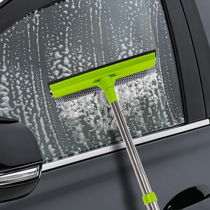 Window Squeegee with 15-24" Long Handle, 2-in-1 Squeegee Cleaner Tool, Retractable Stainless Steel Handle for Car Windshield, Shower Glass, Glass Doors, Outdoor Windows, High Windows